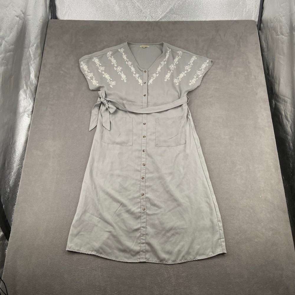 Polagram Grey Embroidered Button Front Midi Dress Womens Small Short Sleeve Tie